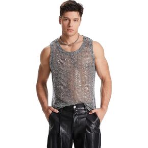 Mens Sexy Silver Metallic Reflective Fishnet Tank Tops Sleeveless See Through mesh Tank Shirt,Muscle Shirt for Men