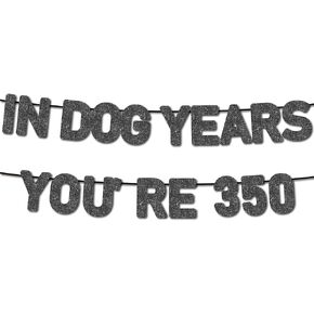 Pre-Strung In Dog Years You're 350 Birthday Banner - Funny Birthday Party Decorations Supplies, Black Glitter
