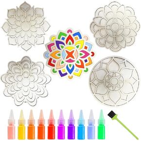 MLOLM 5pcs Wooden Diwali Mandala Sand Art Kits 11.8'' DIY Floral Rangoli Mats for Floor Decoration Mandala Sand Painting10 Rangoli Colors with Brush for Home Indian Festivals Party Decoration