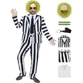 8 Pcs Beetle Movie Juice Costume Men Black and White Striped Suit Adult Horror Comedy Character Cosplay Outfit with Wig