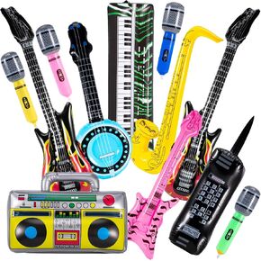 12 Pcs Inflatable Instruments,Blow up Guitar,Inflatable Rock Star Toy Set,80s 90s Party Decorations Inflatable Guitar Inflatable Saxophone Inflatable Microphones Bass Lute Boombox Phone Piano