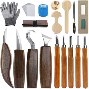 Wood Carving Kit for Beginners Wood Carving Tools with Anti-Slip Cut-Resistant Gloves, Wood Spoon Carving Kit Whittling Kit Gift idea for Kids Adults Woodworking DIY, 22PCS