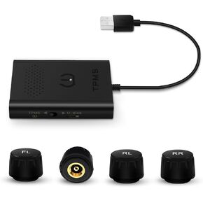 dasaita USB Tire Pressure Monitoring System, with 4 External Sensors for Android Head Unit, Car Tire Diagnostic Tool Support Bar and PSI Suit, APP Real-time Tire Pressure Monitor System (0-116 PSI)