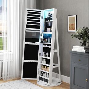 Rotating Mirror Jewelry Armoire, 360°Lockable Standing Jewelry Organizer with Rear Storage Shelves, 62.99'' Full-length Mirror with LED Lights, Interior Mirror, White