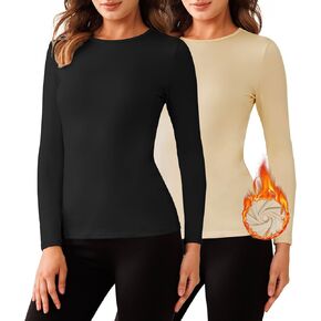 Bonneuitbebe المرأة 2 حزمة طويلة الأكمام القمصان الحرارية لينة Crewneck قميص علوي خفيف الوزن طبقة أساسية الطقس البارد
