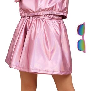 Perfashion Girls Metallic Wrap Skirt Sparkly Dance A-Line Elastic Waist Skirt with Sunglasses 3-13 Years