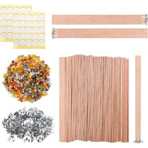 150 Pcs Wood Candle Wicks Set, 5.1 X 0.5 X 0.06 Inch Naturally Smokeless Wood Wicks for Candle Making, Wooden Wicks with Glue Dot and Colored Crystal for Candle Making
