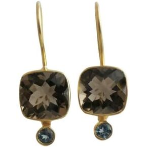 Smoky Quartz and London Blue Topaz Gold Plated Sterling Silver Drop Earrings - Handmade Gemstone Jewellery Gift Ideas for Women