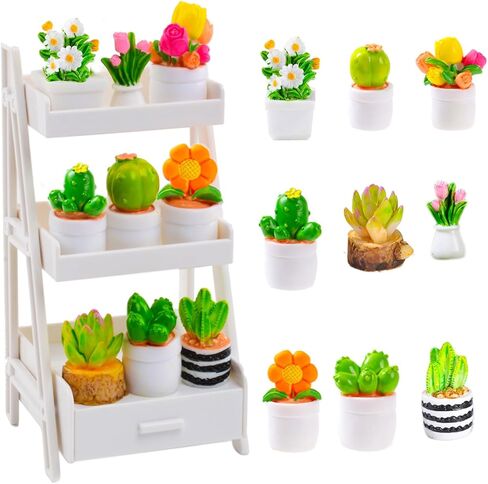 10 Pcs Miniature Dollhouse Plants Flowers with White Plant Stand, Mini Resin Plants Miniature Bonsai Plant Mini Potted Plants Artificial Tiny Greenery Ornament for Dollhouse Decorations in Saudi Arabia