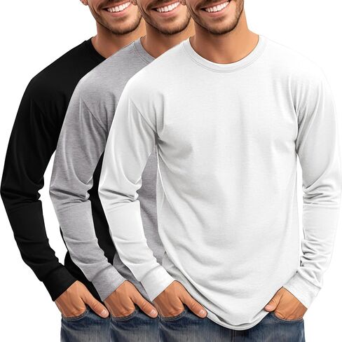 Riyiper 3 Pack Men's Long Sleeve T Shirts, Crew Neck Casual Tops Hipster Longline Shirts Moisture Wicking Athletic Gym Tee in Saudi Arabia