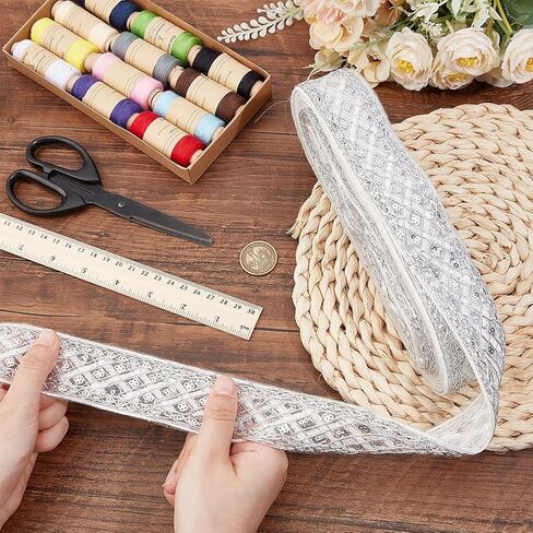 AHANDMAKER 10 Yards Embroidered Ribbon 1.6 inch Black Fabric Embroidered Trim Rhombus Pattern with Sequins Vintage Jacquard Woven Ribbon Embroidered Trim décor for Sewing in Saudi Arabia