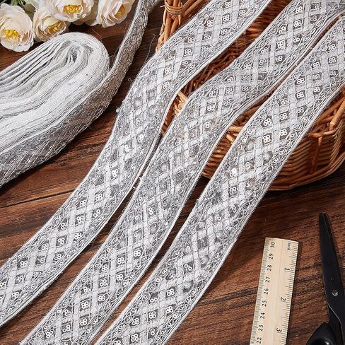 AHANDMAKER 10 Yards Embroidered Ribbon 1.6 inch Black Fabric Embroidered Trim Rhombus Pattern with Sequins Vintage Jacquard Woven Ribbon Embroidered Trim décor for Sewing in Saudi Arabia