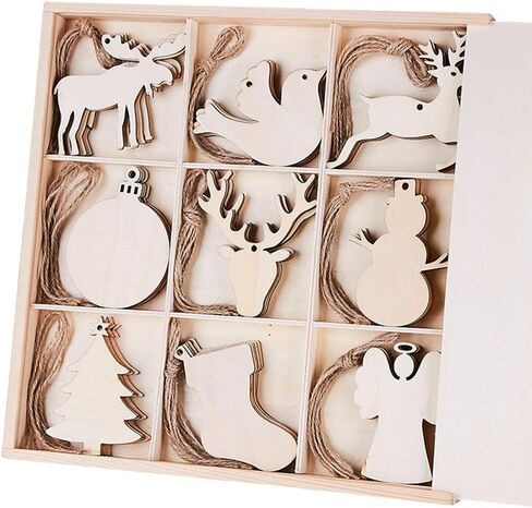 MACTING 30pcs Unfinished Wood Christmas Ornaments with Holes, Christmas Hanging Decorations for Kid's DIY Gift Craft Xmas Tree, 6 Shapes-Angel, Deer, Ball, Doll, Snowman, Tree in Saudi Arabia