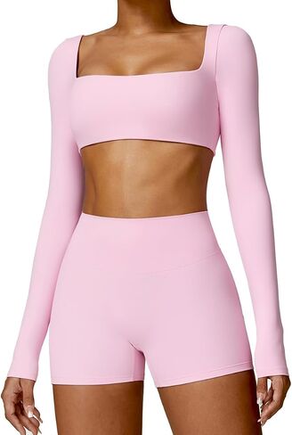 2 Piece Workout Sets for Women Long Sleeve Crop Tops and Yoga Pants Outfits High Waist Biker Shorts Gym Sets in Saudi Arabia