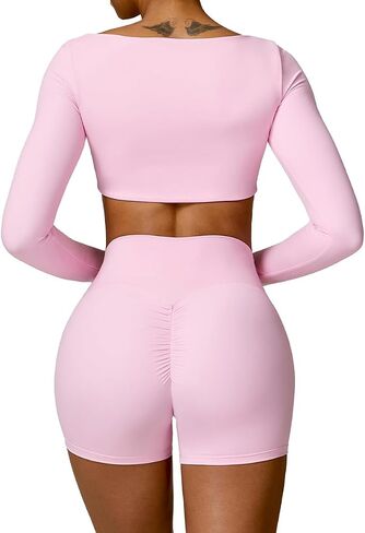 2 Piece Workout Sets for Women Long Sleeve Crop Tops and Yoga Pants Outfits High Waist Biker Shorts Gym Sets in Saudi Arabia
