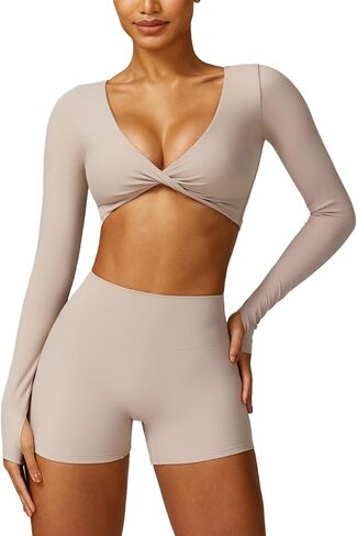 2 Piece Workout Sets for Women Long Sleeve Crop Tops and Yoga Pants Outfits High Waist Biker Shorts Gym Sets in Saudi Arabia