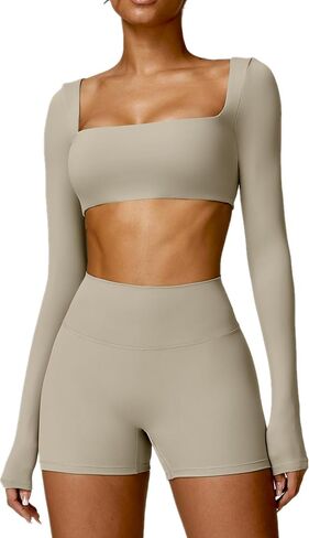 2 Piece Workout Sets for Women Long Sleeve Crop Tops and Yoga Pants Outfits High Waist Biker Shorts Gym Sets in Kuwait