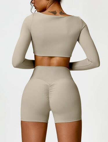 2 Piece Workout Sets for Women Long Sleeve Crop Tops and Yoga Pants Outfits High Waist Biker Shorts Gym Sets in Kuwait