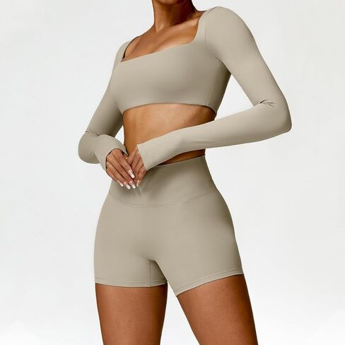 2 Piece Workout Sets for Women Long Sleeve Crop Tops and Yoga Pants Outfits High Waist Biker Shorts Gym Sets in Kuwait