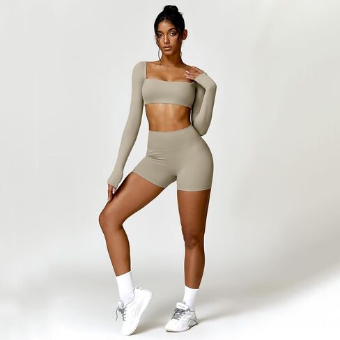 2 Piece Workout Sets for Women Long Sleeve Crop Tops and Yoga Pants Outfits High Waist Biker Shorts Gym Sets in Kuwait