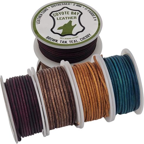 Coyote Bay® Genuine Leather Cord Round Spool in 4 Distressed Colors, 11 Yards Each, for Jewelry Making, Crafts and Hobby Projects (2 mm) in Kuwait