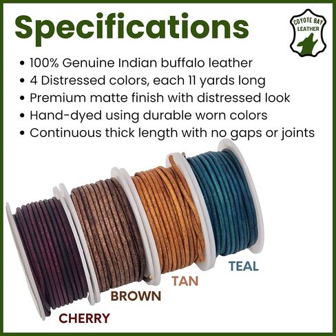 Coyote Bay® Genuine Leather Cord Round Spool in 4 Distressed Colors, 11 Yards Each, for Jewelry Making, Crafts and Hobby Projects (2 mm) in Kuwait