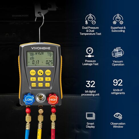 VIVOHOME Refrigeration Digital AC Manifold Gauge Set HVAC with 2 Wired Temperature Clamp Probes Refrigerant Hoses, AC Recharge Kit with superheat and subcooling in Saudi Arabia