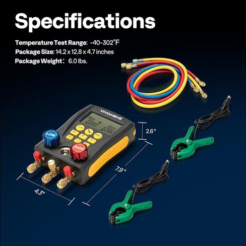 VIVOHOME Refrigeration Digital AC Manifold Gauge Set HVAC with 2 Wired Temperature Clamp Probes Refrigerant Hoses, AC Recharge Kit with superheat and subcooling in Saudi Arabia