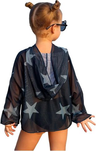 SweatyRocks Girl's Graphic Print Long Sleeve Hooded Cover Up Bathing Suit Beach Shirt Tops in Saudi Arabia