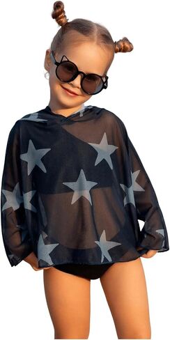 SweatyRocks Girl's Graphic Print Long Sleeve Hooded Cover Up Bathing Suit Beach Shirt Tops in Saudi Arabia