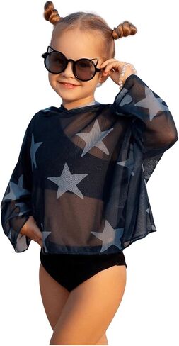 SweatyRocks Girl's Graphic Print Long Sleeve Hooded Cover Up Bathing Suit Beach Shirt Tops in Saudi Arabia