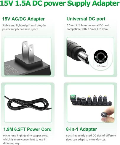 Arkare 15V 1A DC Power Supply Adapter 15W AC/DC Charger AC 100V-240V to DC 15 Volt 1Amp 1000mA 800mA 500mA 100mA Replacement Power Cord for Monitor Wireless Router Security Audio Video with 8TIPS in Kuwait