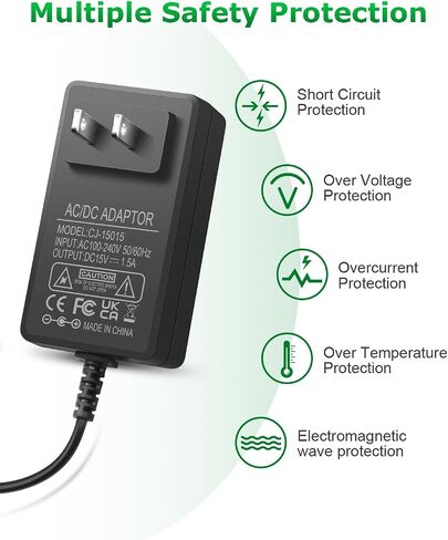 Arkare 15V 1A DC Power Supply Adapter 15W AC/DC Charger AC 100V-240V to DC 15 Volt 1Amp 1000mA 800mA 500mA 100mA Replacement Power Cord for Monitor Wireless Router Security Audio Video with 8TIPS in Kuwait