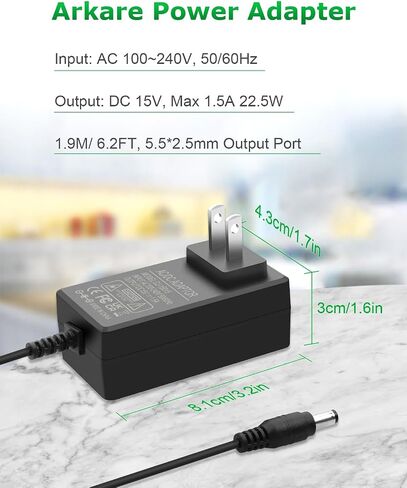 Arkare 15V 1A DC Power Supply Adapter 15W AC/DC Charger AC 100V-240V to DC 15 Volt 1Amp 1000mA 800mA 500mA 100mA Replacement Power Cord for Monitor Wireless Router Security Audio Video with 8TIPS in Kuwait