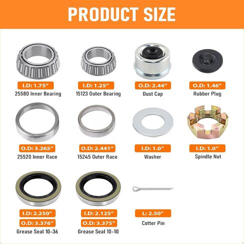 4 Sets Boat Trailer Wheel Bearing Kits – 25580/15123 Bearings, Double Lip Grease Seals, 2.44" Dust Caps – Fits 5,200-6,000 lb 6-Lug Hubs and Tandem Axles with #42 Spindles in Saudi Arabia