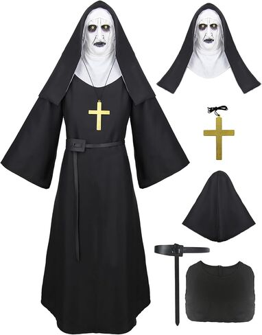 Hitormoon مخيف راهبة زي النساء الكبار هالوين ازياء القرون الوسطى الأم شقيقة تأثيري رداء مع كامل قناع رأس التبعي in Kuwait