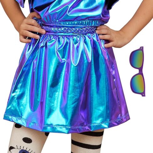 Perfashion Girls Metallic Wrap Skirt Sparkly Dance A-Line Elastic Waist Skirt with Sunglasses 3-13 Years in Kuwait