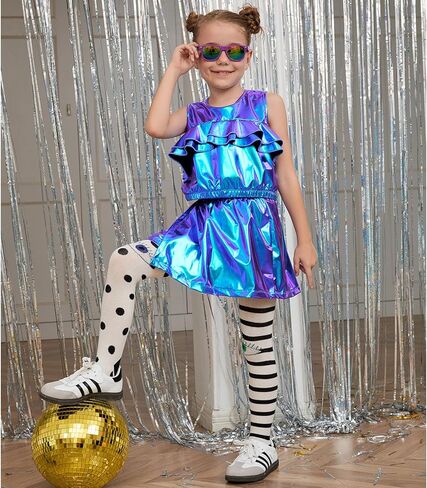 Perfashion Girls Metallic Wrap Skirt Sparkly Dance A-Line Elastic Waist Skirt with Sunglasses 3-13 Years in Kuwait