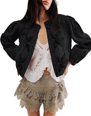 سترة نسائية من Gacaky خفيفة الوزن ومطرزة بالورود ومبطنة للشتاء الدافئ بأزرار سفلية وسترة منتفخة مع جيوب in Kuwait