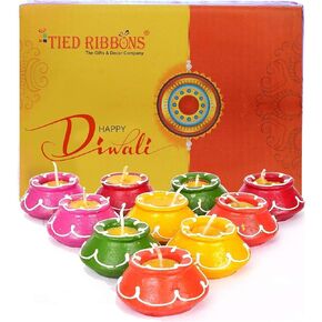 TIED RIBBONS 12 pcs Handmade Clay Diya for Diwali, Wax Filled | Traditional Homemade Diyas Tealight | Indian Oil Lamp | Diwali Decorations for Home | Terracotta Diyas | Matki Diya | Diwali Diya