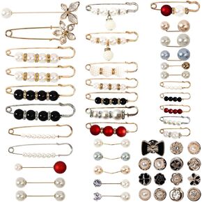 50 Pcs Pearl Brooch Safety Pins for Clothes Dress Jeans Pants Skirt Faux Pearl Rhinestones Tightener Safety Pins for Women Waist Decoration Accessories Sock Charms Pins