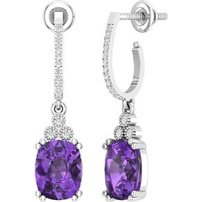 Dazzlingrock Collection 9x7mm Each Cushion Gemstone & Round White Diamond J-Shape Dangle Drop Earrings for Her in Gold