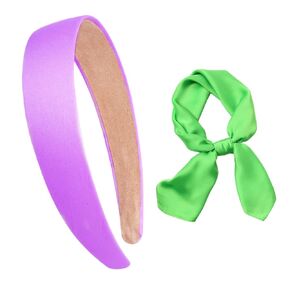 Square Scarf Headband Set - Solid Color Silk Neckerchief Women Girl Men Halloween Costume Accessories Cosplay Ascot (Green Scarf + Pur headband)