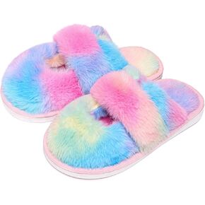 Kids Fluffy Slippers Outdoor With Back Strap Design Cozy Warm Fuzzy For Girl's Indoor Fur Comfy House Shoes