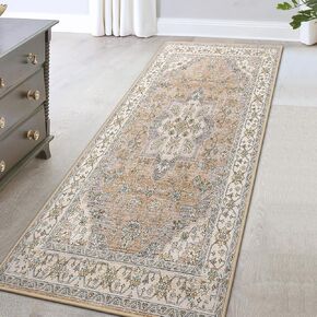 FlyDOIT Vintage Washable Area Rug, 4x6 Orange Floral Medallion Rugs for Living Room, Ultra Soft Accent Bedroom Rug, Indoor Non-Slip Low-Pile Throw Carpet for Entryway Dorm Kitchen Dining Room Decor