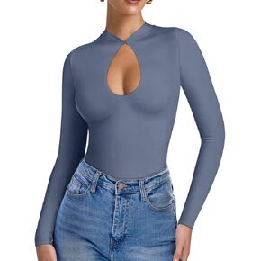 REORIA Women's Cut Out Long Sleeve Bodysuits Slim Fit Sexy Body Suits Double Lined Lightweight Layering 2024 Fall Winter Tops