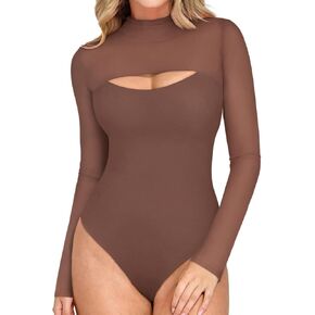 REORIA Women's Sexy Cutout Turtle Neck Long Sleeve Sheer Mesh Thong Bodysuits Tops Trendy Fall Going Out Outfits