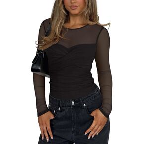 REORIA Women's Sexy Round Neck Long Sleeve Trendy Front Twist Knot Sheer Mesh Ruched Going Out Bodysuits Tops