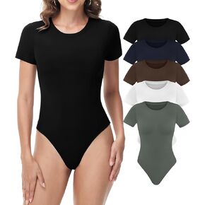 5 Pack Bodysuits for Women - Stretchy Bodysuit Womens Tops Round Neck Body Suit T Shirts for Women Going Out Tops