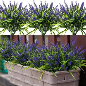 Artificial Flowers for Outdoor Plants 20 Bundles Fake Lavender Plastic Faux Monkey Grass for Verandah Window Garden Office Patio Front Porch UV Resistant for Planter(Purple)